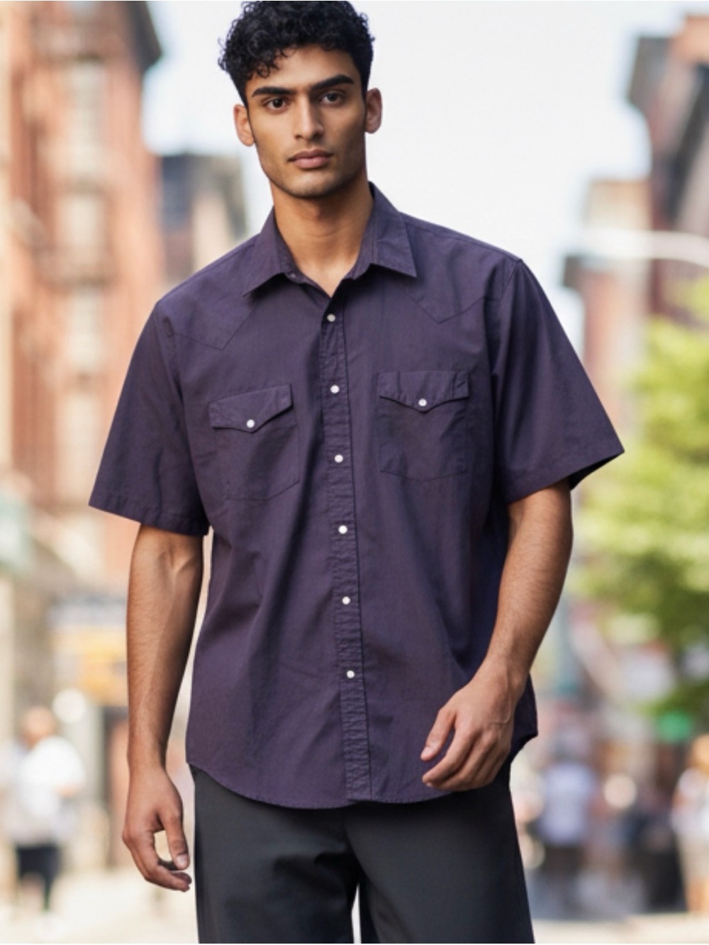 Vintage Cowboy Cut Regular Fit Dark Purple Pearl Snaps Shirt Short Sleeve Sz XL